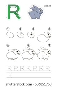 Vector illustrated alphabet with kid educational games to learn handwriting with easy game level for preschool children, kid drawing tutorial for letter R. Rabbit.