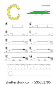 Vector illustrated alphabet with kid educational games to learn handwriting with easy game level for preschool children, kid drawing tutorial for letter C. Crocodile.