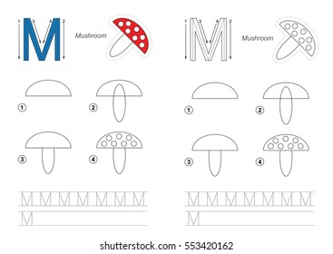 Vector illustrated alphabet with kid educational game to learn handwriting with easy game level for preschool children, kid drawing tutorial for letter M. Red Mushroom.