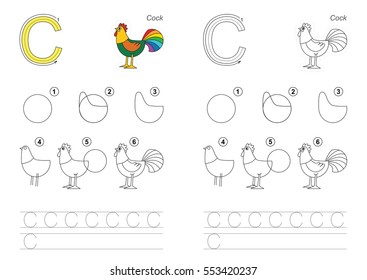 Vector illustrated alphabet with kid educational game to learn handwriting with easy game level for preschool children, kid drawing tutorial for letter C. Cock.