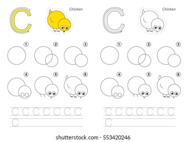 Vector illustrated alphabet with kid educational game to learn handwriting with easy game level for preschool children, kid drawing tutorial for letter C.Chicken.