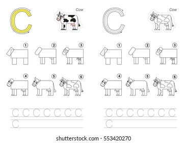 Vector illustrated alphabet with kid educational game to learn handwriting with easy game level for preschool children, kid drawing tutorial for letter C. Cow.