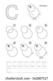 Vector illustrated alphabet with kid educational game to learn handwriting with easy gaming level for preschool kids, the drawing tutorial for letter C. Chicken.