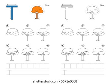 Vector illustrated alphabet with kid educational game to learn handwriting with easy gaming level for preschool kids, the drawing tutorial for letter T. The Tree.