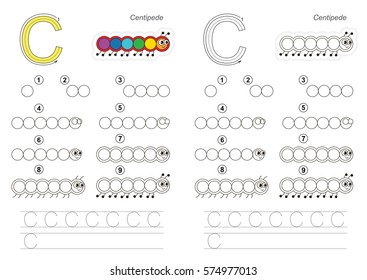 Vector illustrated alphabet with kid educational game to learn handwriting with easy gaming level for preschool kids, the drawing tutorial for letter C. Caterpillar.