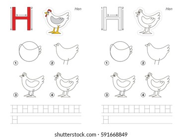 Vector illustrated alphabet with kid educational game to learn handwriting with easy gaming level for preschool kids, the drawing tutorial for letter H. Hen
