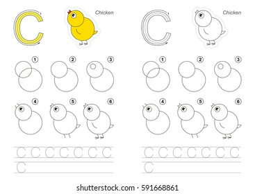 Vector illustrated alphabet with kid educational game to learn handwriting with easy gaming level for preschool kids, the drawing tutorial for letter C. Chicken.