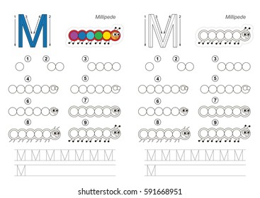 Vector illustrated alphabet with kid educational game to learn handwriting with easy gaming level for preschool kids, the drawing tutorial for letter M. Millipede.