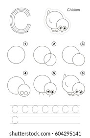 Vector illustrated alphabet with kid educational game to learn handwriting with easy gaming level for preschool kids, the drawing tutorial for letter C, the chicken.