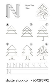 Vector illustrated alphabet with kid educational game to learn handwriting with easy gaming level for preschool kids, the drawing tutorial for letter N, the New Year Tree.