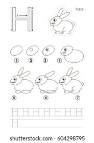Vector illustrated alphabet with kid educational game to learn handwriting with easy gaming level for preschool kids, the drawing tutorial for letter H, the Hare.