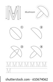 Vector illustrated alphabet with kid educational game to learn handwriting with easy gaming level for preschool kids, the drawing tutorial for letter M. The Mushroom.
