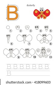 Vector illustrated alphabet with kid games. Learn handwriting. Game for children. Gaming and education. Drawing tutorial for letter B. The red butterfly.