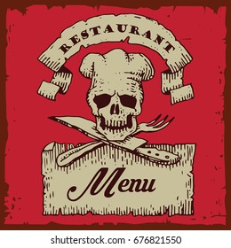 Vector illustrated artistic retro-style menu with skull crest