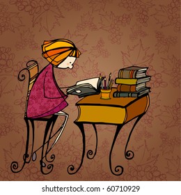 vector illustrated autumn background with cute little girl learning