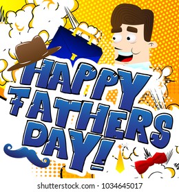 Vector illustrated banner, greeting card or poster for Father's day with text, cartoon man and objects.