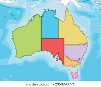 Vector illustrated blank map of Australia with regions and administrative divisions, and neighbouring countries and territories. Editable and clearly labeled layers.