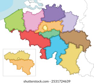 Vector ilustrado mapa en blanco de Bélgica con regiones, provincias y divisiones administrativas, y países y territorios vecinos. Capas editables y claramente etiquetadas.