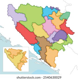 Vector ilustrado mapa en blanco de Bosnia y Herzegovina con entidades, cantones, regiones y divisiones administrativas, y países y territorios vecinos. Capas editables y claramente etiquetadas.