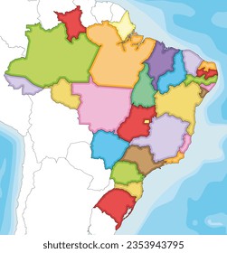 Vector illustrated blank map of Brazil with states and administrative divisions, and neighbouring countries and territories. Editable and clearly labeled layers.