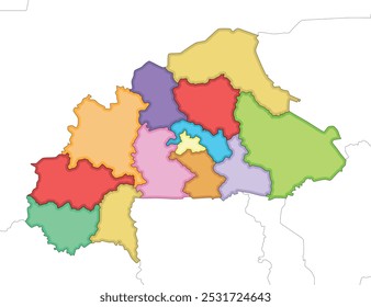 Vector illustrated blank map of Burkina Faso with regions and administrative divisions, and neighbouring countries and territories. Editable and clearly labeled layers.