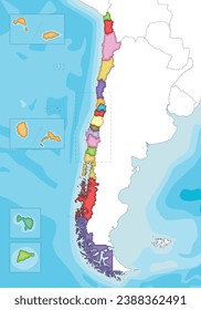 Vector illustrated blank map of Chile with regions and territories and administrative divisions, and neighbouring countries and territories. Editable and clearly labeled layers.