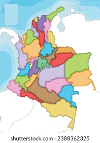 Vector illustrated blank map of Colombia with departments, capital region and administrative divisions, and neighbouring countries. Editable and clearly labeled layers.