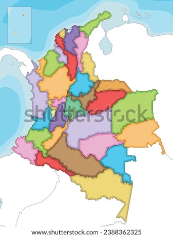 Vector illustrated blank map of Colombia with departments, capital region and administrative divisions, and neighbouring countries. Editable and clearly labeled layers.