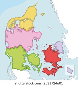 Vector illustrated blank map of Denmark with regions and administrative divisions, and neighbouring countries and territories. Editable and clearly labeled layers.