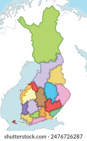 Vector illustrated blank map of Finland with regions or counties and administrative divisions, and neighbouring countries. Editable and clearly labeled layers.