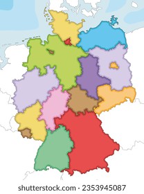 Vector illustrated blank map of Germany with federated states or regions and administrative divisions, and neighbouring countries. Editable and clearly labeled layers.