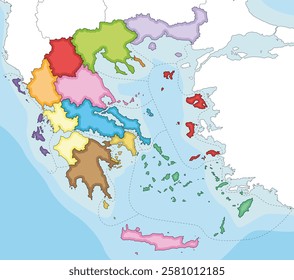 Vector illustrated blank map of Greece with regions and administrative divisions, and neighbouring countries and territories. Editable and clearly labeled layers.