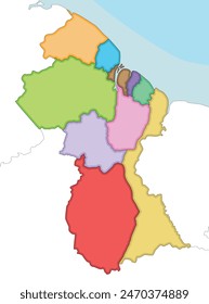 Vector illustrated blank map of Guyana with regions and administrative divisions, and neighbouring countries. Editable and clearly labeled layers.