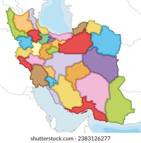 Vektorgrafik illustrierte eine leere Karte des Iran mit Provinzen und Verwaltungseinheiten sowie Nachbarländern. Bearbeitbare und deutlich gekennzeichnete Schichten.