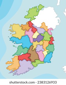 Vector illustrated blank map of Ireland with counties and administrative divisions, and neighbouring countries. Editable and clearly labeled layers.