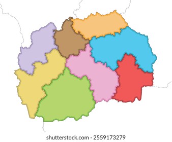 Vector illustrated blank map of North Macedonia with statistical regions and administrative divisions, and neighbouring countries and territories. Editable and clearly labeled layers.