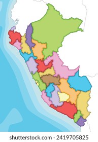 Vector illustrated blank map of Peru with departments, provinces and administrative divisions, and neighbouring countries. Editable and clearly labeled layers.