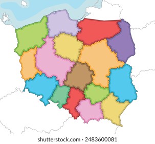 Vector illustrated blank map of Poland with provinces and administrative divisions, and neighbouring countries and territories. Editable and clearly labeled layers.