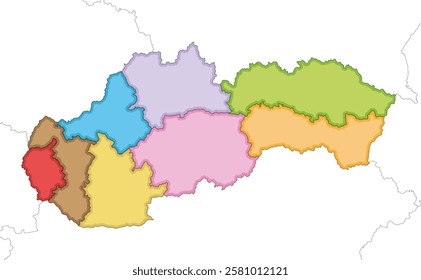 Vector illustrated blank map of Slovakia or Slovak Republic with regions and administrative divisions, and neighbouring countries and territories. Editable and clearly labeled layers.