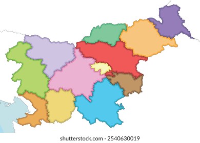 Vector ilustrado mapa en blanco de Eslovenia con regiones estadísticas y divisiones administrativas, y países y territorios vecinos. Capas editables y claramente etiquetadas.