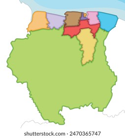 Vector illustrated blank map of Suriname with districts and administrative divisions, and neighbouring countries. Editable and clearly labeled layers.