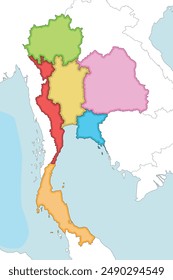 Vector illustrated blank map of Thailand with regions and administrative divisions, and neighbouring countries and territories. Editable and clearly labeled layers.