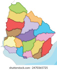 Vector illustrated blank map of Uruguay with departments and administrative divisions, and neighbouring countries. Editable and clearly labeled layers.