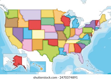 Vector illustrated blank map of USA with states and administrative divisions, and neighbouring countries. Editable and clearly labeled layers.