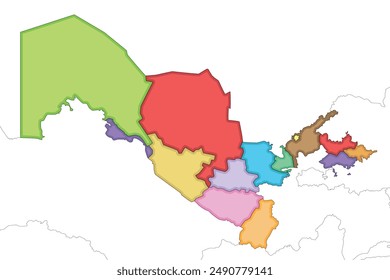 Vector illustrated blank map of Uzbekistan with regions and administrative divisions, and neighbouring countries and territories. Editable and clearly labeled layers.