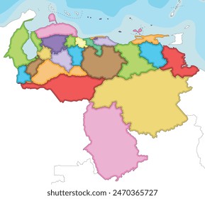 Vector illustrated blank map of Venezuela with states, capital district, federal dependencies and administrative divisions, and neighbouring countries. Editable and clearly labeled layers.