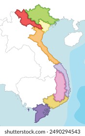 Vector illustrated blank map of Vietnam with regions and administrative divisions, and neighbouring countries and territories. Editable and clearly labeled layers.