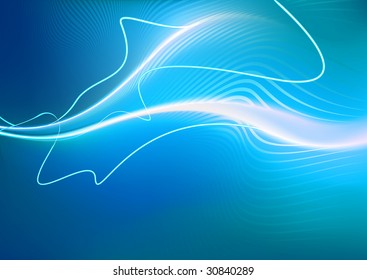 A vector illustrated blue futuristic background resembling a jellyfish-like creature at top speed on top of motion-blurred fire