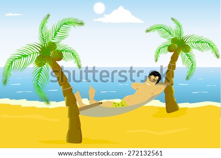 Vector illustrated boy on the beautiful beach with palm tree.
