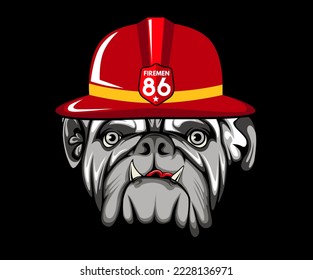 Vector Illustrated Bulldog. the dog wears a firefighter's hat . face of domestic dog on black background.